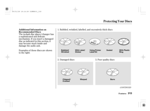 Page 318The in-dash disc player/changer has
a sophisticated and delicate
mechanism. If you insert a damaged
disc as indicated in this section, it
maybecomestuckinsideand
damage the audio unit.
Examples of these discs are shown
to the right:Bubbled, wrinkled, labelled, and excessively thick discs
Damaged discs Poor quality discs 1.
2. 3.
CONT INUED
Protecting Your Discs
Features
Additional Inf ormation on
Recommended Discs
313
Sealed
Warped
Burrs Chipped/
Cracked Bubbled/
WrinkledWith Label/
StickerUsing Printer...