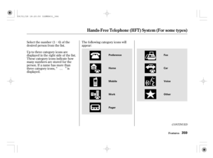 Page 364µThe f ollowing category icons will
appear: Select the number (1 6) of the
desired person f rom the list.
Up to three category icons are
displayed in the right side of the list.
These category icons indicate how
many numbers are stored f or the
person. If a name has more than
threecategoryicons,‘‘ ’’is
displayed.…
CONT INUED
Hands-Free T elephone (HFT ) System (For some types)
Features359
Home
Mobile Preference
Work
PagerFax
Car
Voice
Other
09/01/28 18:20:50 32SMG631_364 