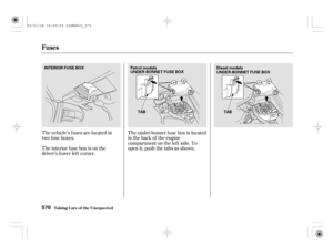 Page 575The vehicle’s f uses are located in
two f use boxes.
The interior f use box is on the
driver’s lower lef t corner.The under-bonnet f use box is located
in the back of the engine
compartment on the lef t side. To
open it, push the tabs as shown.
Fuses
T aking Care of t he Unexpect ed570
TAB TAB INTERIOR FUSE BOX Petrol models
UNDER-BONNET FUSE BOXDiesel models
UNDER-BONNET FUSE BOX
09/01/28 18:49:09 32SMG631_575 