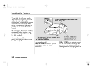 Page 591Î
Î
The vehicle identif ication number
(VIN)/chassis number is moulded
on the f ire wall in the engine
compartment. To access this number,
remove the lid on the back of the
engine compartment. Make sure to
reinstall the lid bef ore closing the
bonnet.
On some types, the chassis number/
chassis and engine numbers also
appear on the plate attached to the
lef t side doorjamb.
On Australian model, the
certif ication plate is attached to the
lef t side doorjamb.
inf ormation appears
on the plate on the top...