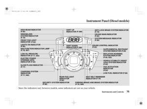 Page 80Since the indicators vary between models, some indicators are not on your vehicle.
Instrument Panel (Diesel models)
Inst rument s and Cont rols75
(P.85)
(P.82)
(P.82)
(P.76) SHIFT DOWN
INDICATOR SHIFT UP
INDICATOR HIGH BEAM INDICATOR
FRONT FOG LIGHT
INDICATOR
LIGHTS ON INDICATOR
MALFUNCTION INDICATOR LAMP IMMOBILIZER
SYSTEM INDICATOR
(P.79)
(P.85)
ELECTRIC POWER
STEERING (EPS)
INDICATOR
CHARGING SYSTEM
INDICATOR GLOW PLUGS INDICATOR LOW OIL PRESSURE
INDICATOR
(P.77)
PARKING BRAKE AND BRAKE SYSTEM...