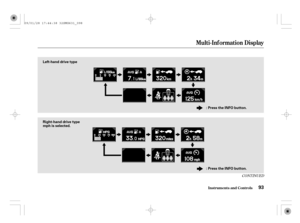 Page 98CONT INUED
Multi-Inf ormation Display
Inst rument s and Cont rols93
Left-hand drive type
Right-hand drive type
mph is selected.: Press the INFO button.
: Press the INFO button.
09/01/28 17:44:38 32SMG631_098 