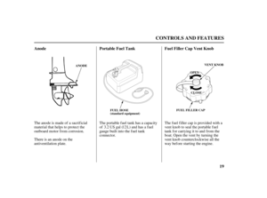 Page 2119 Portable Fuel Tank Anode Fuel Filler Cap Vent Knob
CONTROLS AND FEATURES
ANODE
CCLLOOSSEE
OOPPEENNVENT KNOB
FUEL FILLER CAP
FUEL HOSE
(standard equipment)
The anode is made of a sacrificial
material that helps to protect the
outboard motor from corrosion.
There is an anode on the
antiventilation plate.The portable f uel tank has a capacity
of US gal ( L) and has a fuel
gauge built into the fuel tank
connector.The f uel f iller cap is provided with a
vent knob to seal the portable fuel
tank for...