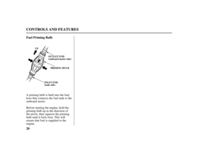 Page 2220 Fuel Priming Bulb
CONTROLS AND FEATURES
PRIMING BULB
INLET END
(tank side)OUTLET END
(outboard motor side) UP
A priming bulb is built into the f uel
hose that connects the fuel tank to the
outboard motor.
Before starting the engine, hold the
priming bulb up in the direction of
the arrow, then squeeze the priming
bulb until it f eels f irm. This will
ensure that f uel is supplied to the
engine.
11/03/07 16:29:31 31ZV1660_021 