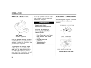 Page 28Gasoline is highly
flammable and explosive.
You can be burned or
seriously injured when
handling fuel.
Stop the engine and keep
heat, sparks, and flame
away.
Handle fuel only
outdoors.
Wipe up spills
immediately.
26 PORTABLE FUEL TANK FUEL HOSE CONNECTIONS
OPERATION
(OUTBOARD MOTOR SIDE)FUEL HOSE CONNECTOR
FUEL HOSE CONNECTOR(FUEL TANK SIDE) FUEL HOSE
(standard equipment)
Secure the portable fuel tank in the
boat so that it won’t move around
and become damaged. Turn the portable fuel tank vent knob...