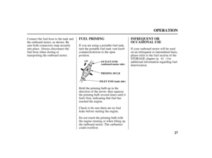 Page 2927 FUEL PRIMING INFREQUENT OR
OCCASIONAL USE
OPERATION
PRIMING BULB UP
OUTLET END
(outboard motor side)
INLET END (tank side)
Connect the fuel hose to the tank and
the outboard motor, as shown. Be
sure both connectors snap securely
into place. Always disconnect the
fuel hose when storing or
transporting the outboard motor.If your outboard motor will be used
on an inf requent or intermittent basis,
please ref er to the f uel section of the
STORAGE chapter (p. ) f or
additional information regarding fuel...