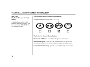 Page 8078 Star Label
The Symbol for Cleaner Marine Engines:
Cleaner Air and Water -
Better Fuel Economy -
Longer Emission Warranty - US, Puerto Rico, and US Virgin
Islands
TECHNICAL AND CONSUMER INFORMATION
The Star Label means Cleaner Marine Engine
f or healthier lif estyle and environment.
burns up to 30 - 40 percent less gas and oil than
conventional carbureted two-stroke engines, saving money and resources.
protects consumer for worry-free operation. This engine has been certified as a:
A Star label was...