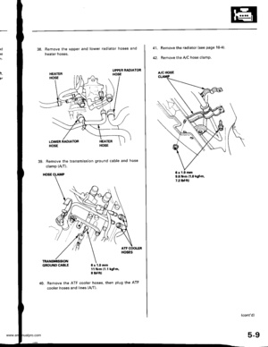 Page 105
rd
te
n-
38. Remove the upper and lower radiator hoses and
heater hoses.
39. Remove the transmission ground cable and hose
clamp (A,/T).
GBOUI{DCABLE 6x 1,0 mm11 N.m 11.1 lofm,I tbf.ftl
40. Remove the ATF cooler hoses, then plug the ATF
cooler hoses and, n lAfI).
rt,
BT
6xl,0mm
A/C HOSE
41.
42.
Remove the radiator (see page 104).
Remove the IVC hose clamp.
9.8 m lt.o klt m,l.2tutal
(contd)
5-9
www.emanualpro.com  