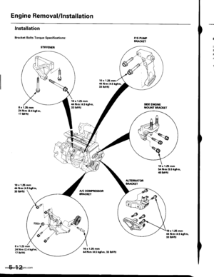 Page 108
En gine Removal/lnstallation
Installation
Bracket Bolts Torque Specifications:
10 x 125 mmil,a t*m {4.5 tgtm,d, tbtft)
8 r 1.25 mm24 N.m 12.4 kg{.m;17 tbt frl
10 x 1.25 mrn,L il.tn {1.5 tgt m, :|:l lbfft}
P/S PUMPBRACKET
SIDE EIIGII{EiOUT{T BRACKET
10 x 1.25 mm54 t$m 15.5 tgfm,iO lbflrl
ALTERI{ATORBNACKET
A/C @MPRESSORBRACIGT
t0 r 125 ]nma,l t+Jn ll.5 lgf-rn,3 tbf{tl
5-12
t t 1.25 m.D2a tn (2,4 kgt ft,17 tbtftl
www.emanualpro.com  