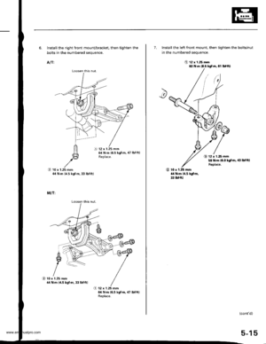 Page 111
Loosen th is nut,
i! 12 x 1.25 mmg N.m {6.5 kgf.m, 47 lbf.ftlReplace.
6. Install the right front mounvbracket, then tighten the
bolts in the numbered sequence.
A/T:
(D to x t.zs mm44 N.m {4.5 kgf m, 33 lbf.ft)
M/T:
O 12 x 1.25 mm64 N.m 16.5 kgf.m. 47 lbf.ft)Replace.
Loosen this nut.
O 10 x r.25 mm4/t N.m 14.5 kgt.m, 33 lbf.ft)
7. Install the left front mount, then tighten the bolts/nut
in the numbered seouence.
O t2 r 1.25 mm8il N.m 18.5 kgt.m, el |bfftl
O 12 x 1.25 mm59 N.m 16.0 kgt ln, ,€ lbfttl...