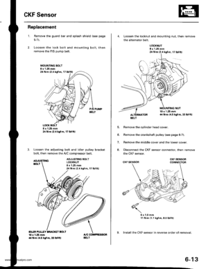 Page 126
CKF Sensor
Replacement
1.
|o|ln PUUCY BMCKET SOLIl0 r 1.25 mm14 .m 14.5 kgl.m,3: lbtftl
Remove the guard bar and splash shield (see page
5-7 t.
Loosen the lock bolt and mounting bolt, then
remove the P/S pump belt.
MOUNTING BOLT8 x 1.25 mm
PUMPBELT
Loosen the adjusting bolt and idler pulley bracket
bolt, then remove the AyC comDressor belt.
ADJUSTING BOLTLOCKNUT8 x 1.25 mm24 N.m {2.4 kgf.m, 17 lbf.ft)
24 N.m (2.{ kgf.m, 17 lbf.ttl
24 N.m 12.4 lgf.m, 17 lbl.ftl
4. Loosen the locknut and mounting nut,...