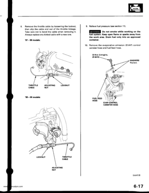 Page 130
8. Remove the throttle cable by loosening the locknut,
then slip the cable end out of the throttle linkage.
Take care not to bend the cable when removing it.
Always replace any kinked cable with a new one.
97 - 98 modols:
!X, - 00 modob:
9. Relieve fuel pressure (see section 11).
@ Do not smoke while working on the
fuel systom. Ko€p opon flame or sparks away from
ths work area. Drain fuol only into an approved
containgr.
10, Remove the evaporative emission (EVAP) control
canister hose and fuel feed...