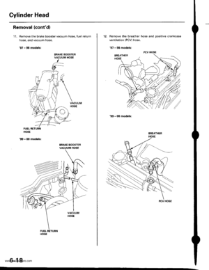 Page 131
Gylinder Head
Removal (contdl
11. Remove the brake booster vacuum hose. fuel return
hose, and vacuum hose.
97 - 98 modsls:
VACUUMHOSE
BRAKE BOOSTEBVACUUM HOSE
6-18
BRAKE BOOSTER
12. Remove the breather hose and oositive crankcase
ventilation (PCV) hose,
97 - 98 models:
BREATHEBHOSE
PCV HOSE
99 - 00 models:
BREATHERHOSE
PCV HOSE
www.emanualpro.com  