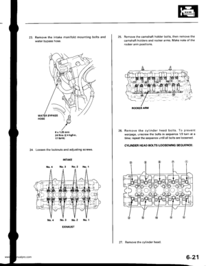 Page 134
23. Remove the intake manifold mounting bolts and
water bvDass hose.
8 x 1.25 mm2,1 N.m 12.4 kgt.m,17 tbf.ft)
24. Loosen the locknuts and adjusting screws,
INTAKE
No.3 No.2 No. 1
No.3 No.2 No. 1
EXHAUST
No. 4
27. Remove the cylinder head.
6-21
25. Remove the camshaft holder bolts, then remove the
camshaft holders and rocker arms. Make note of the
rocker arm Dositions.
26. Remove the cylinder head bolts. To prevent
warpage, unscrew the bolts in sequence 1/3 turn at a
time; repeat the sequence until all...