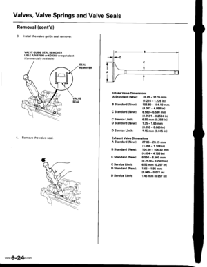 Page 137
Valves, Valve Springs and Valve Seals
Removal (contdl
3. Install the valve guide seal remover.
VALVE GUIDE SEAL REMOVERLISLE P/N 57900 or KD3350 or equivalent(Commerciallv available)
4. Remove the valve seal.
6-24
Intake Valve Dimensions
A Standard {New}: 30.85 - 31.15 mm
B Standard (New):
G Standard {Newl:
C Service Limiti
D Standard lNewl:
D Service Limit:
B Standard (Newl:
C Standard {New):
C Service Limit:
D Standard lNewl:
D Service Limit:
11.21s - 1.226 inl
103.80 - 10/t.10 mm
{i[.087 - 4.098 in)...