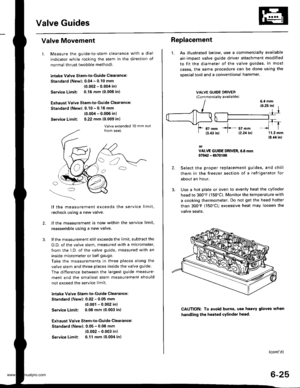 Page 138
Valve Guides
Valve Movement
1. Measure the guide-to-stem clearance with a dial
indicator while rocking the stem in the direction of
normal thrust (wobble method),
lntake Valve Stem-to-Guide Clearance:
Standard (Newl: 0.04 - 0.10 mm
(0.002 - 0.004 in)
Service Limit 0.16 mm (0.006 in)
Exhaust Valve Stem-to-Guide Clearance:
Standard {Newl: 0.10 - 0.16 mm
(0.004 - 0.006 inl
Service Limit: 0,22 mm (0.009 inl
lf the measurement exceeds the service limit,
recheck using a new valve.
lf the measurement is now...