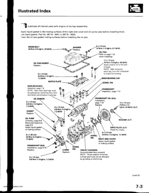 Page 149
lllustrated lndex
I Luorit tl internal parts with engine oil during reassembly.
Apply liquid gasket to the mating surfaces of the right side cover and oil pump case before installing them.
Jse liquid gasket, Part No. 08718 - 0001 or 08718 - 0003.
:lean the oil pan gasket mating surfaces before installing the oil pan.
WASHERReplace.
76 x 1.0 mm
y t:n- l.zxstm, 8.7 lbl ftl
9 oIL PAN
OIL PAN GASKETReplace.
to page 1-22when installing
BEARING CAP
OOWEL PIN
CRANKSHAFT OIL SEAL
11x 1.5 mm76 N.m {7.8 kgl.m, 56...