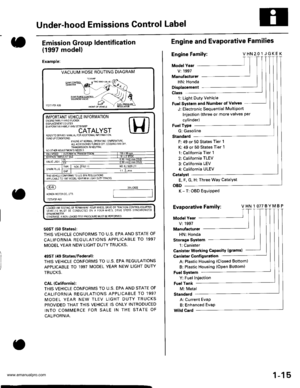 Page 17
Under-hood Emissions Control Label
Emission Group ldentification
(1997 modell
Example:
VACUUM HOSE ROUTING DIAGRAM
LOADED IM TEST]NG OF PERMANENT fOUB WHEEL OSVE OR TRACT ON CONTROLEOLJIPPEDVEHTCLES MUST BE CONDUCTED ON A IOUR WHEEL DR VE SPEEO SYNCHRON ZED
ANON LOADEDTESTPBO(EOUBEMUSIBEPERFORMEO
50ST (50 Statesl:
THIS VEHICLE CONFOBMS TO U.S. EPA AND STATE OF
CALIFORNIA REGULATIONS APPLICABLE TO 1997
MODEL YEAR NEW LIGHT DUTY TRUCKS.
49ST {49 Statos/Federall:
THIS VEHICLE CONFORMS TO U.S. EPA...