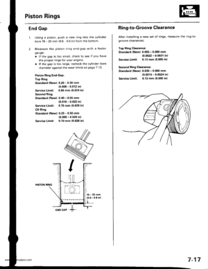 Page 163
Piston Rings
End Gap
2.
1.Using a piston, push a new ring into the cylinder
bore 15 - 20 mm (0.6 0.8 in) from the bottom
Measure the piston ring end-gap with a feeler
ga uge:
. lf the gap is too small, check to see if you have
the proper rings for your engine.
. lf the gap is too large, recheck the cylinder bore
diameter against the wear limits on page 7 13.
Piston Ring End-Gap:
Top Ring
Standard (Newl:0.20 - 0.30 mm
10.008 - 0.012 inl
Service Limit: 0.60 mm {0.024 inl
Second Ring
Standard lNew): 0.i10...