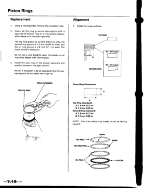 Page 164
Piston Rings
2.
Replacement
1.Using a ring expander, remove the old piston rings.
Clean all the ring grooves thoroughly with a
squared-off broken ring or a ring gtoove cleaner
with a blade to fit the piston grooves.
The top ring groove is 1.2 mm (0.042 in) wide, rhe
second ring groove is 1.2 mm (0.042 in) wide, and
the oil ring groove is 2.8 mm (0.11 in) wide. File
down a blade if necessary.
Do not use a wire brush to clean ring lands, or cutring lands deeper with cleaning tool.
3. Install the new rings...