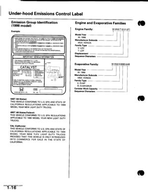 Page 18
Under-hood Emissions Control Label
Emission Group ldentification
(1998 modell
Example:
50ST {50 States}:
THIS VEHICLE CONFORMS TO U.S. EPA AND STATE OFCALIFORNIA REGULATIONS APPLICABLE TO 1998MODEL YEAR NEW LIGHT DUTY TRUCKS,
/$ST (itg Statos/Fodsrsll:
THIS VEHICLE CONFORMS TO U.S. EPA REGULATIONSAPPLICABLE TO 1998 MODEL YEAR NEW LIGHT DUTYTRUCKS.
CAL {California}:
THIS VEHICLE CONFORMS TO U.S. EPA AND STATE OFCALIFORNIA REGULATTONS APPLICABLE TO 1998MODEL YEAR NEW TLEV LIGHT DUTY TRUCKSPROVIDED THAT...