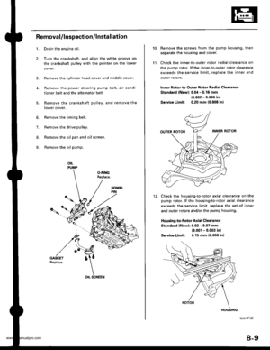 Page 179
1.
2.
3.
RemovaUlnspection/lnstallation
Drain the engine oil.
Turn the crankshaft, and align the white groove on
the crankshaft pulley with the pointer on the lower
cover.
Remove the cylinder head cover and middle cover.
Remove the power steering pump belt, air condi-
tioner belt and the alternator belt.
Remove the crankshaft pulley, and remove the
lower cover.
6. Remove the timing belt.
7. Remove the drive pulley.
8. Remove the oil pan and oil screen.
9. Remove the oil pump.
orLPUMP
OLRINGReplace.
5....