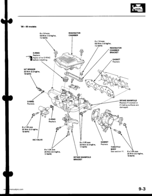 Page 184
99 - O0 modol3:
6x1.0mm9.8 N.m 11.0 kg{.m,7.2 tbtltl
NESONATOR
6x1.0mm9.8 N.m {1.0 kgf.m,7.2 rbr.ftt
O-RINGReplace.Apply oil to O-RINGbetore installing.
RESONATORCHAMBERBRACKET
GASKETReplace.
IAT SENSOR2:2N.m l2.2kgl.n,16 tbtftl
O.RINGReplace.
l
O.RINGReplace.
8 x 1.25 mm24 N.m 12.4 kgt m,17 tbt frl
INTAKE MANIFOLDReplace it cracked orif mating surfaces areoamageo.
8 x 1.25 mm22 N.m 12.2 kgl.m,16 rbf.ftt
IAC VALVE
8 x 1.25 mm23 N.m (2.3 kgf.m,17 tbf.ft,
INTAKE MANIFOLD
22 N.m 12,2 kgl.m,16 rbfftl
(\-...
