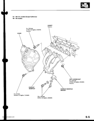 Page 186
97 - 98 U.S. models {Except California):99 - 00 models:
8 x 1.25 mm31 N.m {3.2 kgl.m,23 lbl.ft)Beplace.
8 x 1.25 mm31 N.m {3.2 kgf.m.23 lbf.ft)Replace.
MANIFOLD
6x1.0mm9.8 N m 11.0 kgf.m, 7.2 lbf.ft)
COVER
(v/\
NL-]\ r-------.\\ r
\F=
\\/ ,l
BRACKET
44 N.m {4.5 kgf.m, 33 lbtftl
9-5
www.emanualpro.com  