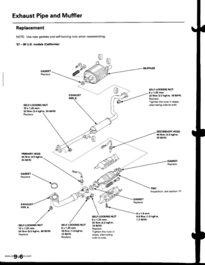 Page 187
Exhaust Pipe and Muffler
Replacement
NOTE: Use new gaskets and self-locking nuts when reassembling.
€7 - 98 U.S. models (Calitornial:
GASKETReplace.
SELF.LOCKING NUT10 x 1.25 mm33 N.m {3.4 kgt m, 24 lbl.ft)Replace.
MUFFLER
SELF.LOCKING NUTI x 1.25 mm22 N.m (2.2 kg{.m, 16lbtftlReplace.Tighten the nuts in stePs,alternating side-to-side.
PRIMARY HO2S44 N.m {{.5 kgl.m,33 tbt.ft)
TWCInspection, see section
SECONDARY HO2S4il N.m lil.5 kgtm,33 tbf.ft)
GASKETReplace.
1l
S*S:--t-..-_
EXHAUSTPIPE A
NUT10 x 1.25...