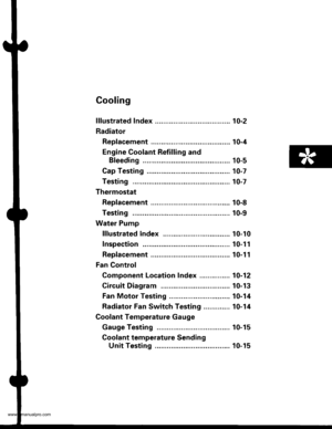 Page 189
Cooling
f ffustrated Index ........... ..... 1O-2
Radiator
Rep|acement ...........,....,...................... 10-4
Engine Coolant Refilling and
Bleeding ..,.,................. 10-5
Cap Testing .................... 10-7
Testing ......10-7
Thermostat
Rep|acement ....................................... 10-8
Testing ...... 10-9
Water Pump
lllustrated lndex ....,..... .. 10-10
Inspection . 10-1 1
Replacement ....................................,.. 10-1 1
Fan Gontrol
Component Location Index ..................