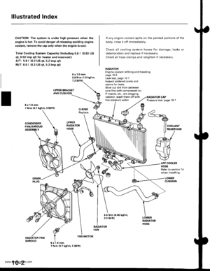 Page 190
lllustrated Index
CAUTION: The system is under high pressure when the
engine is hot. To avoid danger ol releasing scalding engine
coolant, remove the cap only when the engine is cool.
Total Cooling System Capacity fincluding 0.6 I (0.63 US
qt, 0.53 lmp qt) for heater and reservoirl:
A/T: 5.9 { {6.2 US qt, 5.2 lmp qt)
M/T: 6.0 f (6.3 US $, 5.3 lmp qt)
deterioration and replace if necessar,.
Check all hose clamps and retighten if necessary.
lf any engine coolant spills on the
body, rinse it off...