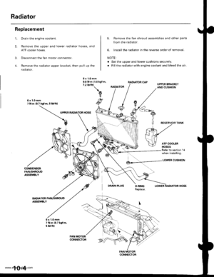 Page 192
Radiator
1.
2.
3.
4.
Replacement
CONDENSERFAN,/SHROUDASSEMBLY
Drain the engine coolant.
Remove the upper and lower radiator hoses, and
ATF cooler hoses.
Disconnect the fan motor connector.
Remove the radiator upper bracket, then pull up the
raotalor,
5. Remove the fan shroud assemblies and other parts
from the radiator.
6. lnstall the radiator in the reverse order of removal.
NOTE:
. Set the upper and lower cushions securely.
. Fill the radiator with engine cooiant and bleed the air.
RADIATOR CAP...