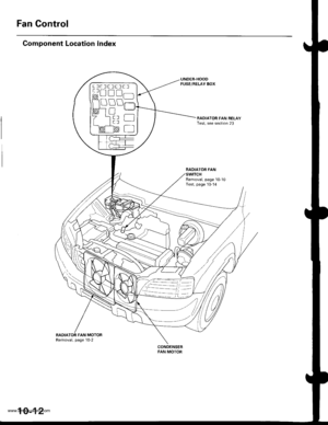 Page 200
Fan Control
Component Location Index
UNDEB.HOODFUSE/RELAY BOX
RADIATOR FAN RELAYTest, see section 23
BADIATOR FAN
Removal, page 10-10Test, page 10-14
BADIATOR FAN MOTORRemoval, page 10-2
CONDENSERFAN MOTOR
ftflEffltrlt lrt r-1 a-l
@u!lfl]l
10-12
www.emanualpro.com  