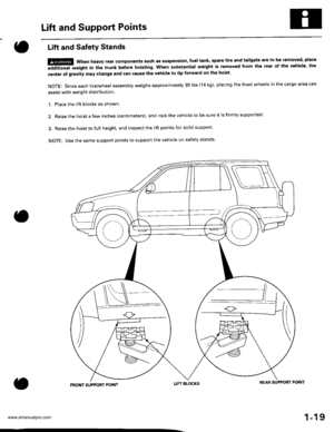 Page 21
Lift and Support Points
Lift and Safety Stands
ffi When heaw rear components such as suspension, Iuel tank, spare tire and tailgate are to b€ lemoved, place
!iiii-rnt rigtrt in the trunk before hoisting. When substantial weight is removed flom the lear ot the vehicle, the
center of gravity may change and can cause the vehicle to tip fotward on the hoist
NOTE: Since each tire/wheel assembly weighs approximately 30 lbs (14 kg), placing the front wheels in the cargo area can
assist with weight...