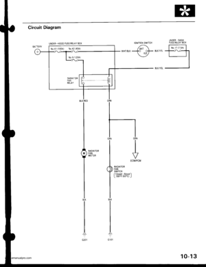 Page 201
Circuit Diagram
UNDER OASHFUSEiRELAY BOX
6; E;;lwHTsLka rtF,*,El-l
I
RAOIATORFANSWITCHfClosed :Above)L 199oF {930C) J
BLK/RED
I
L^,^,.,
T*
IBLK
I
I
oro,
IGNITION SWITCH
No.41{100A) N0.42140A)
www.emanualpro.com  