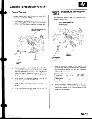 Page 203
Goolant Temperature Gauge
Gauge Testing
1. Check the No. 25 (7.5 A) fuse in the under-dash
fuse/relay box before testin9.
2. Make sure the ignition switch is OFF, then discon-
nect the YEL/GRN wire from the coolant tempera-
ture sending unit. and ground it with a jumper wire.
YEL/GRNWIRE
Turn the ignition switch ON {ll). Check that the
pointer of the coolant temperature gauge starts
moving toward the H mark. Turn the ignition
switch OFF before the pointer reaches H on the
gauge dial. Failure to do so...