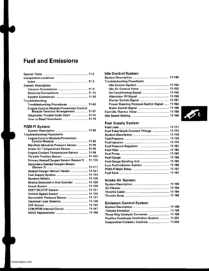 Page 204
Fuel and Emissions
Special Tools ...................... 11-2
Component Locations
lndex ...................... ....,.... 11-3
Svstem Description
Vacuum Connections ...........,....,.,................. 1 1-9
Electrical Connections ................................... 1 1-15
System Connectors .,.,,.,............................,.,. 1 1-36
Troubleshooting
Troubleshooting Procedures,.,..................... 11-60
Engine Control Module/Powertrain ConttolModule Terminal Arrangement .............., 11-67...