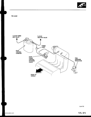 Page 214
98 model:
To EVAP THREEWAY VALVETo EVAPTWO WAY VALVE
EVAPPURGECONTROLSOLENOIDVALVE
FRONT OFVEHICLE
(contd)
11-11
www.emanualpro.com  