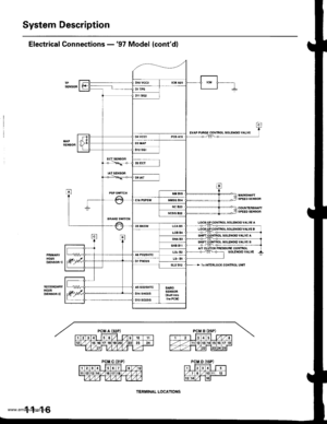 Page 219
System Description
Electrical Connections -97 Model (contdl
EVAP PUFGE CONIROI SOLENOIO VALVE
SP€EOSENSOR
COUNERSHAFISPEEDSENSOF
CONTNOL SOIENOID VALVE A
PFESSUhE COI{TFOLsotENotD vALvE
Tor lEiLocK coNtFol UNlt
1 1-16
IERiINAL LOCATIONS
www.emanualpro.com  