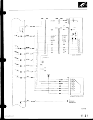 Page 224
cat.,auxt
LT GAN
BLVBLU
RED
GRN
BLU,
an12
*.r.o- ) Inor..o*
(contd)
11-21
GAUGE ASSEIBLY
iI
enr2-{
II
A,ry GEAB POSINON SWITCH
CONTROL UNIT
www.emanualpro.com  