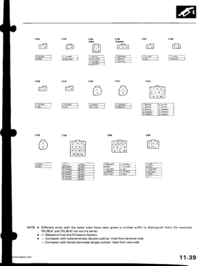 Page 241
cr08
11 2l
tildKri tltlB$jrma -
cr07
rfjlll.2l
titna. tl
tFl
t0
r--=lr 2l
cltxt
r--qll 2l
l;FELM ----l
lEl;. I
{)
\:)
t.;ERN,€f -_-]l
Ttl;Eor-L -
c105tusAl
-+ll 2l
l3l.l
A
u)
li e@;----lEl*,]! l
cr03
r__F11 2l
I T*---film----t
c105
r#-rlr,2 3l
[--1;N,/ruo; ]t,Id&Y€r l]]l
|.-T;s,,€. -
ooI
NOTE: . Different wires with the same color have been given a number suffix to distinguish them (for example,
YEUBLK1 and YEUBLK are not the same).
. O: Related to Fuel and Emissions Svstem.
. - Connector with male...