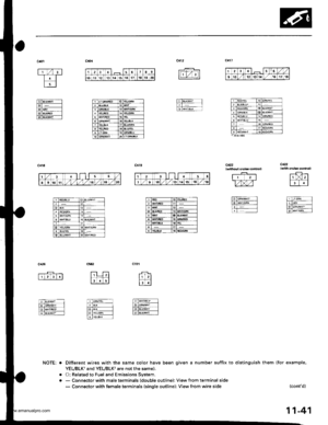 Page 243
cat2
titT T)l
filsl].Mr t]l
FT-Il5lri:*l]]l
r$r
lt 4.l l
riTLiGN I111
rtTa* --]]l
lo-6dN!Hnl[tltu/cs .]l
lwittost crui.! comrol)
lr 2l
w
lolZmlvv{-ll@is,tA -l
f.T- t-l
t.-f f
c426
rrFr-r| 112 3l.l
t;l;Kvi-l
fol**---
NOTE: o
a
Different wires with the same color have been given a number suffix to distinguish them (for example.
YEUBLKl and YEUBLK are not the same).
O: Related to Fuel and Emissions Svstem.- Connector with male terminals (double outline): View from terminal side- Connector with female...