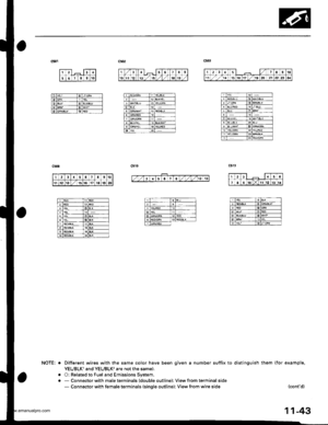 Page 245
o
Ia59to
1t1213l611l8l9
-t
i(}
NOTE: o
a
a
Different wires with the same color have been given a number suffix to distinguish them (for example,
YEUBLKI and YEUBLK are not the same).
O: Related to Fuel and Emissions Svstem.- Connector with male terminals (double outline): View from terminal side- Connector with female terminals (single outline); View from wire side(contd)
11-43
www.emanualpro.com  