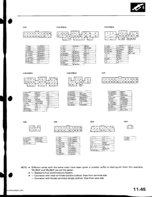 Page 247
1 2\3 156
16
18iJq11 12 13 ra1511l8
cr25 tPCM-Cl
ct23 {PCM-Alc124 (PCM,B)
cr26 tPicM-ol
Different wires with the same color have been given a number suffix to distinguish them (for exampie,
YEUBLKT and YEUBLK2 are not the same).
O: Related to Fuel and Emissions Svstem.- Connector with male terminals (double outline): View from terminal side
- Connector with female terminals (single outline): View from wire side
NOTE: o
oo
,,
.t
o
an
123a5X67A910
rr l1213lat5t611t819 20
!to
lit
Doo
nn
ii)
o
a
12568910
11...