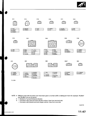 Page 249
frfr
ct10
fr
I6rc;iEiF--lIltIYEr, - ll
ctt5
fr
ffi
\,v
tdTiaotfi-----lIETcRll,aLX ---l
tltl
[.1.1
lSlwHr -------
lo GnNAUC ITdTBLx/YEL -fdBtx vNP -----1
ct19
fr
l6lcnN -l
lo eLU ,
L4.lrl
ldTcRN/BrF-----lO iEo/BL( |tsTYEJ€rr -1
G361
fr
lSTLr GRr/wHr---F ]ilwH-----
fTtfrl
tdFLxr-----lI O BL|^EL Il6l6tu/rJHr -
c354*
rft]
16T816rr-----llol . IlO GF&aEp I
NOTE; . Different wires with the same color have been given a number suffix to distinguish them (for example, YEUBLK1
and YEUBLK, are not the s8me).
. O:...