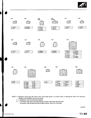 Page 251
c t5{usa)
tltl
Il.l
Ttlrsrtsu .ftT,,tHr/FEpi l
rftr
IET$rmc IftlarxrEl-- -- lftlwn/srt -
NOTE: o
a
Different wires with the same color have been given a number suffix to distinguish them (for example,
YEUBLKl and YEUBLK, are not the same).
o: Related to Fuel and Emissions Svstem,- Connector with male terminals (double outline): Viow from terminal side- Connector with female terminals {single outline): View from wire side
(contd)
1 1-49
www.emanualpro.com  