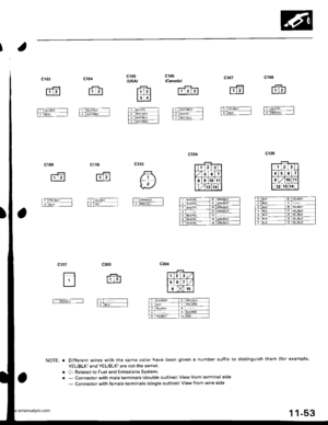 Page 255
c108
ffi
FfBLK//EL---ll -IREor/Ar -l
c107
ffi
|iTYEU€LX I-rfnri-r --
c105{Canadal
rfifl
fiIw|r/nE D. --l
TTBt(ryEL -_-l
t lnrtsrr t]l
c105(usA)
F Irt
lslrl
filBLKry.L Ifu-,wHrcn[ ll]
ftl-wNr/srt l]l
TaTtNanEc! ---l
c133
A
v
riaF.
jrr. IttInEoYEr, - l]l
c104
l1 2l
f -T;iE;;n ----
I  WNT]FEDI L
c103
Ir zl
lrlBR,r tll
c134
c303
fil FEp/Bru ----l
NOTE: . Different wires with the same color have been given a number suffix to distinguish them (for example.
YEUBLK and YEUBLK are not the same).
. O: Related to...