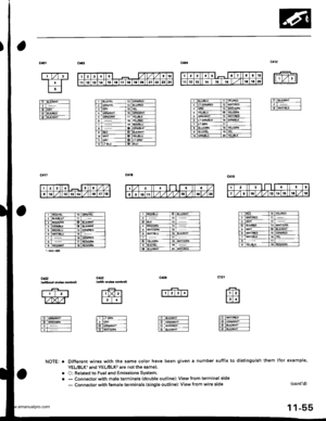 Page 257
c4r2
ll,Vtll
6fswYv-ii----E-r- --
F lwir,€L( -l
lwlrhot|t crub. 6.trroll
-ftr
w
rdT6iffi---l
ET-----l.T-- ---l
a
a
IX.l
ll.l
l-if iifiN -----l
ftTGRY ----
fdlGiffilfdlw{rcftr 1
rTfifiI
TdliL,,rw{r-----l@ cRM /Hr IlO wt{r €D ITofuLr/,txl- ---l
NOTE: oDifferent wires with the same color have been given a number suffix to distinguish them (for example,
YEVBLK1 and YEUBLKare not the same).
O: Related to Fuel and Emissions System.- Connector with male terminals (double outline): View from terminal side
-...