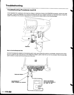 Page 264
Troubleshooting
Troubleshooting Procedures (contd)
lf the inspection for a particular code requires voltage or resistance checks at the EcM/pcM connectors, remove the rightkick panel. Unbolt the EcM/PcM. and connect the backprobe sets and a digital multimeter as described below, check thesystem according to the procedure described for the appropriate code(s) listed on the following pages.
How to Us6 tho Backprobe S6ts
Backp.obo Adapto.
BACKPROBE SET
connect the backprobe adapters to the stacking patch...