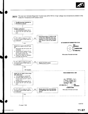 Page 299
The scan tool indicates Diagnostic Trouble Code (DTC) P0113: A high voltage (low temperature) problem in the
Intake Air Temperature (lAT) sensor circuit.
IAT SENSOR 2P CONNECTOR ICl33I
sG2{GRN/BIIO
JUMPEN WNE
IAT IRED/YELI
Wire side ol female terminals
YES
_!!7rqd9ll_____-
FCM CONNECTOR O IT6PI
IAT IRED/YEL)sG2IGRN/BLK}
JUMPER w|BE
Wire side of female terminals
l
(contd)
11-97
The MIL has been reported on.OTC P0113 is stored.
Problem v€rification:1. Turn the ignition switch ON (ll).
2. Check the IAT...